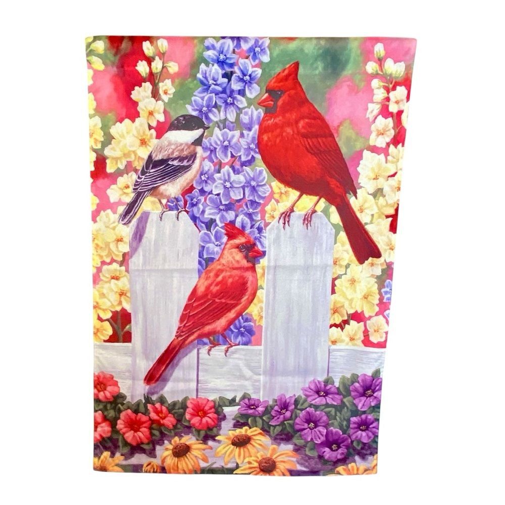 Cardinal Garden Flag Outdoor Decor Vibrant Bright Floral Colors Bird Watchers
